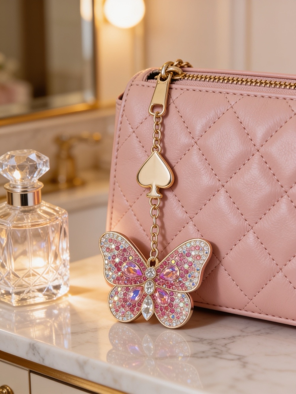 Altar'd State Pink Quilted Butterfly Keychain Card Holder Charm